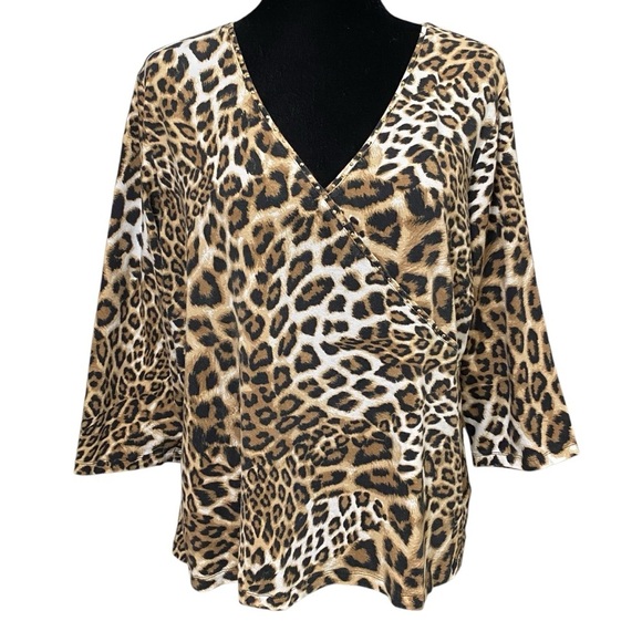Ruby Rd Leopard Animal Print Beaded Knit Boxy Retro Top Blouse Size 1X - Picture 1 of 4